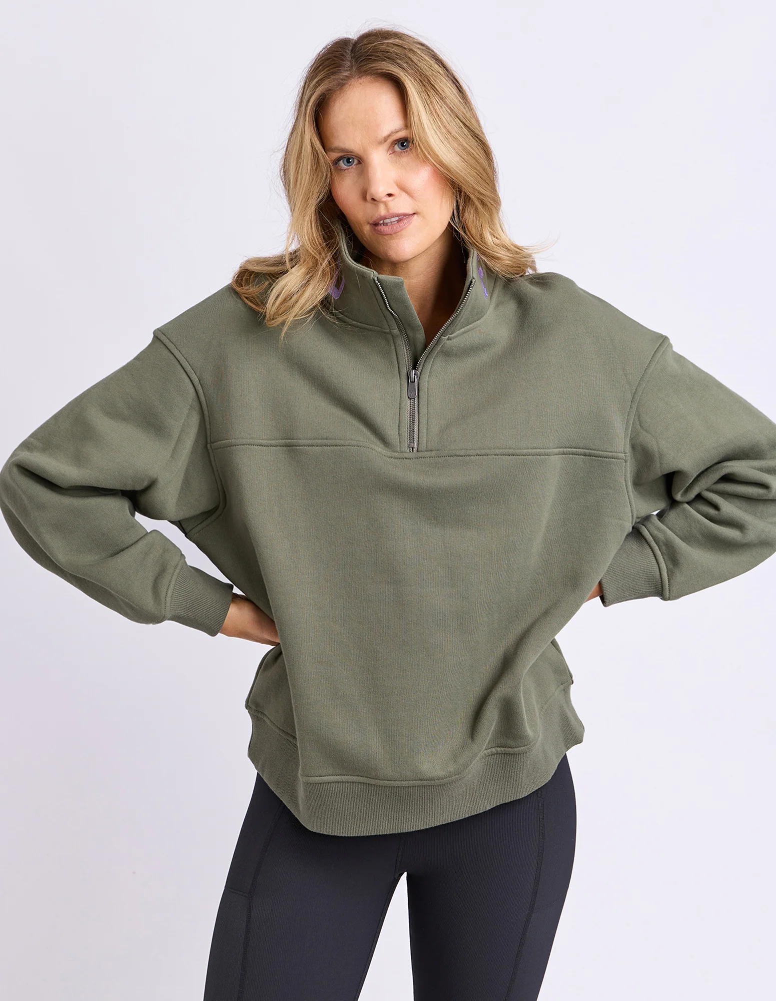 College Contrast Zip Crew Khaki With Lilac