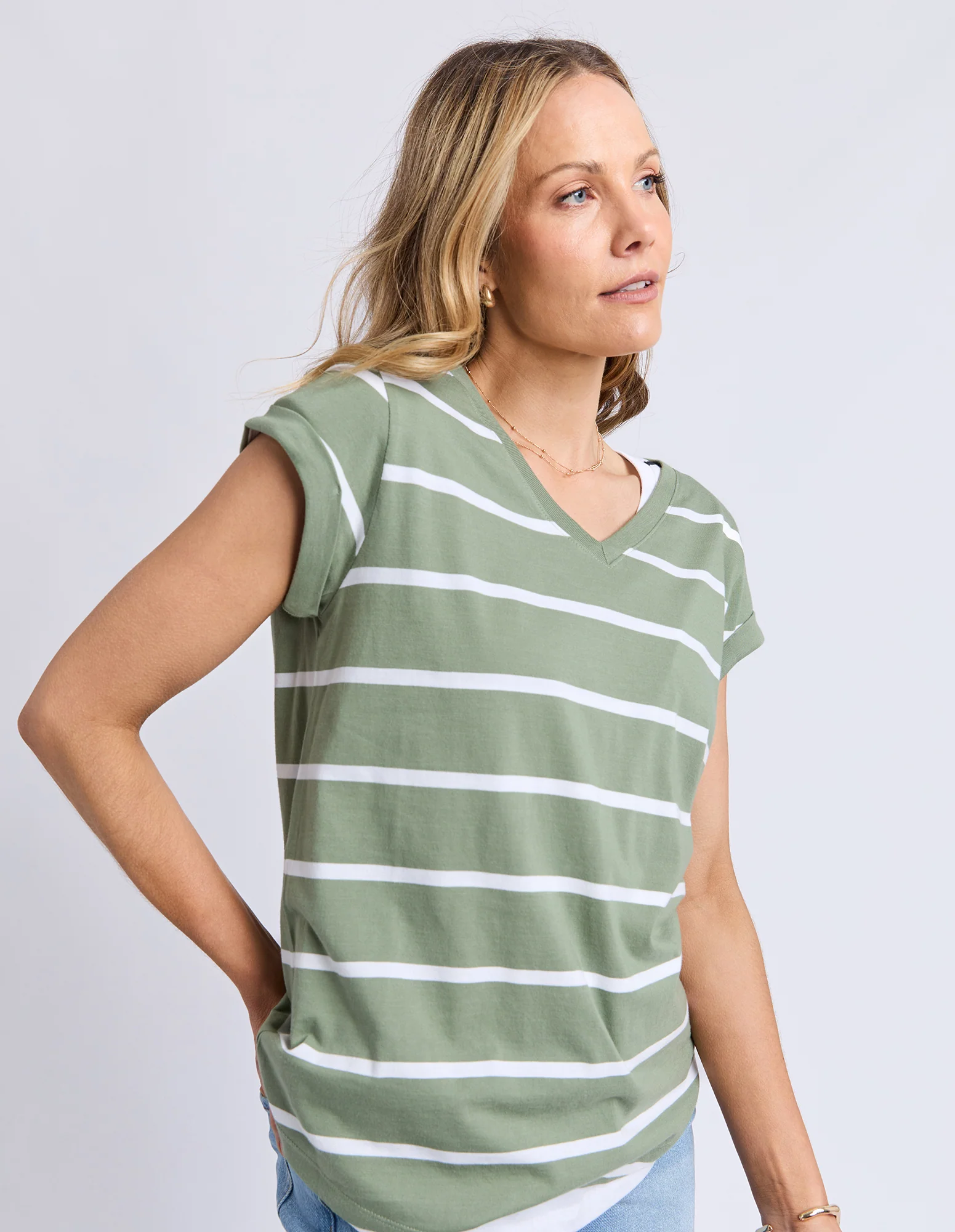 Manly Stripe Vee Tee Sage/White Stripe - Image 4