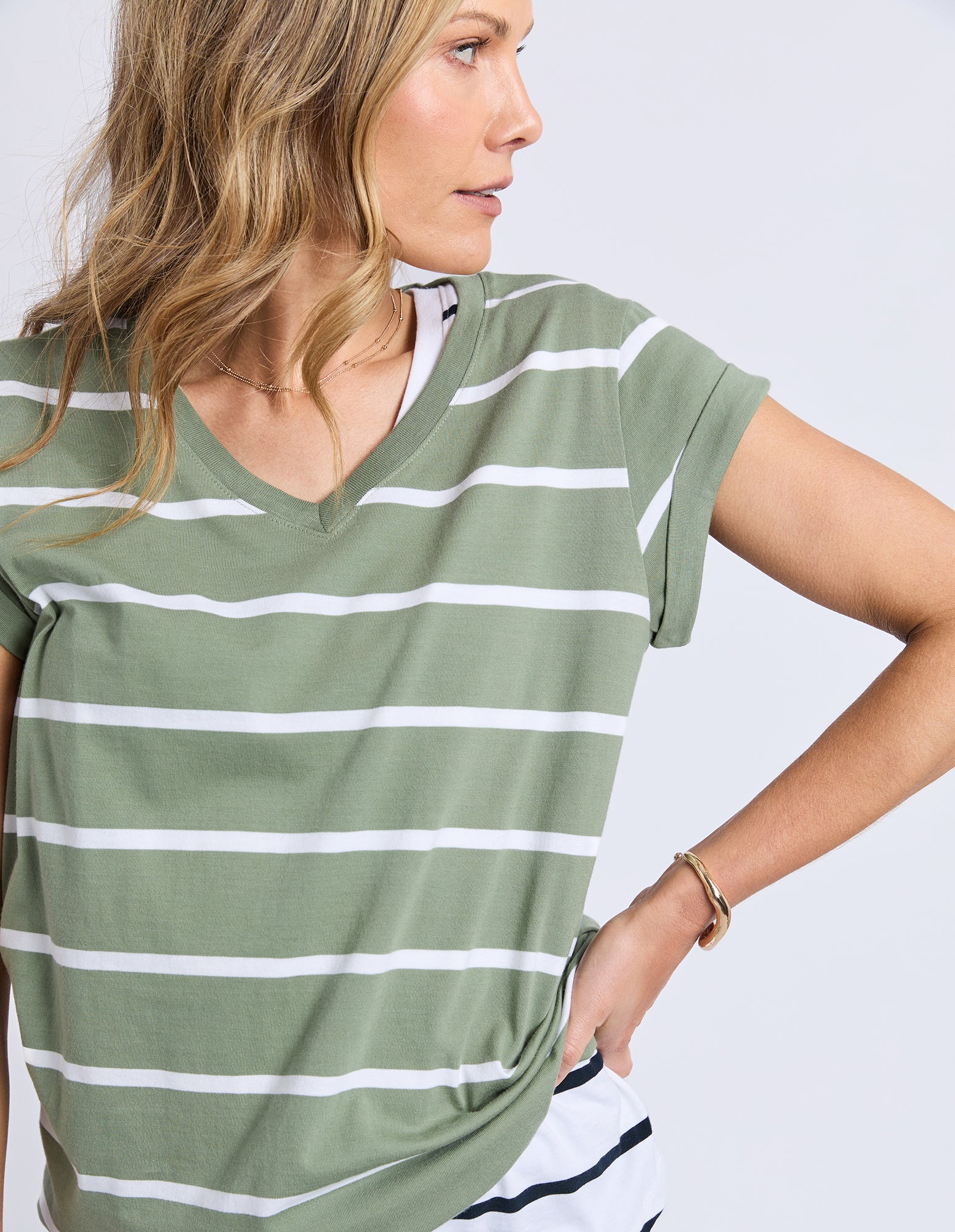 Manly Stripe Vee Tee Sage/White Stripe - Image 5